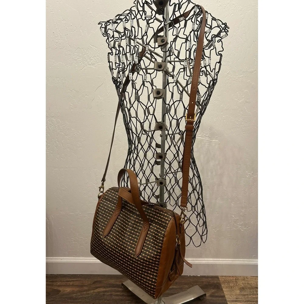 Fossil Sydney Satchel Brown Geometric Dot Pattern Crossbody Bag